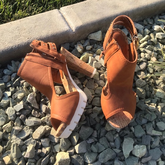 Shoes | Cognac Vegan Leather Peep Toe Cutout Cork Heels | Poshmark